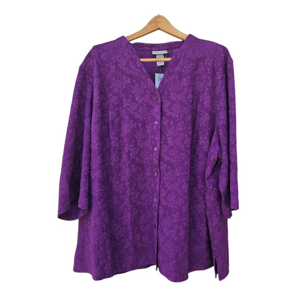 NWT Maggie Barnes Catherines Purple Button Front Blouse SIze 2X Womens V Neck
